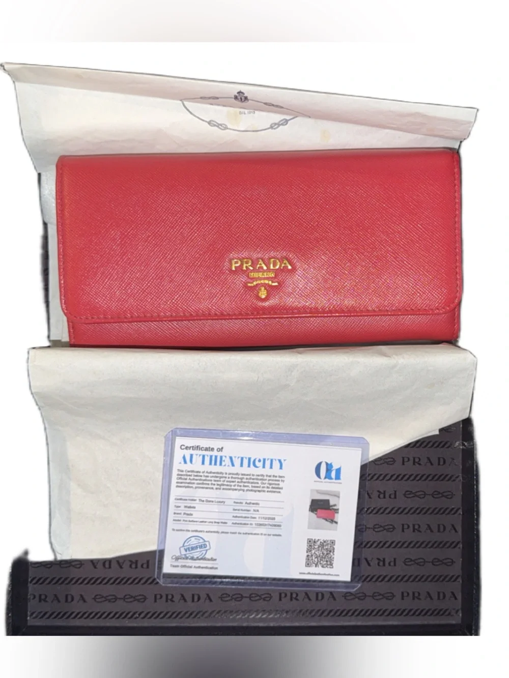 Prada Saffiano Leather Continental Wallet in Red with Gold Logo